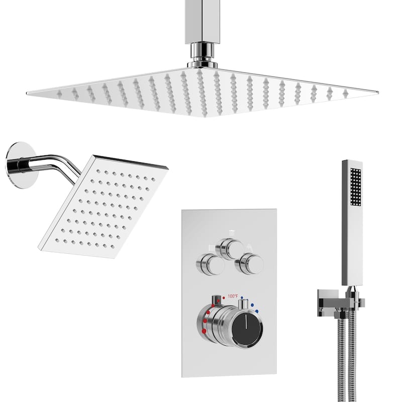 Thermostatic Shower Faucet, 12" High-Pressure Dual Showerheads System with Rough-In Valve