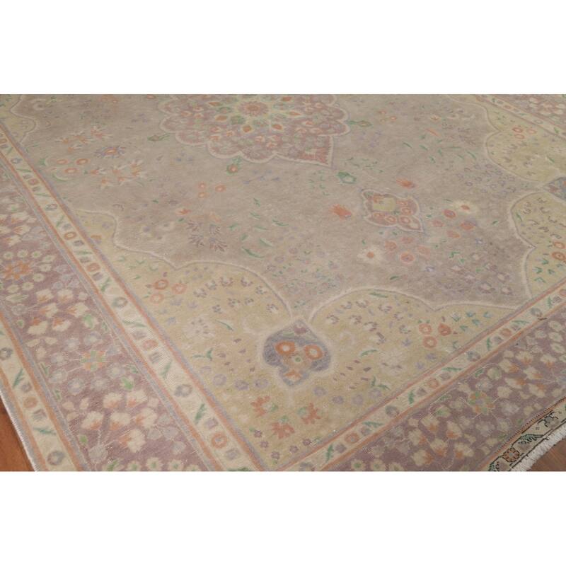 Distressed Brown Tabriz Persian Area Rug Hand-Knotted Wool Carpet - 9'8"x 12'11"