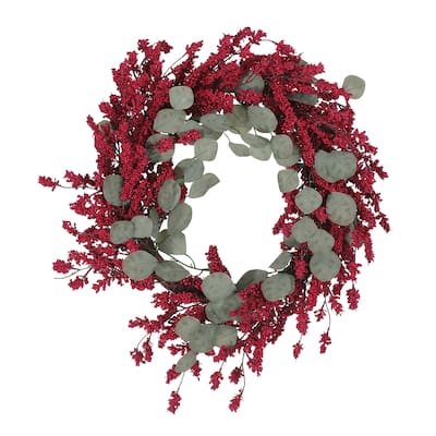 Decorative Hanging Wreath, 29 Inch Twig Red Faux Berries Eucalyptus