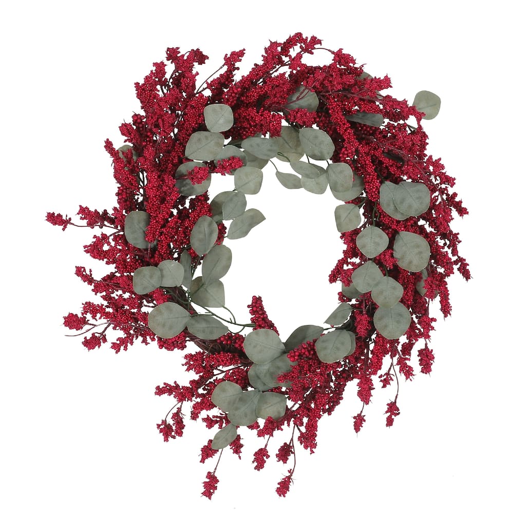 Decorative Hanging Wreath, 29 Inch Twig Red Faux Berries Eucalyptus