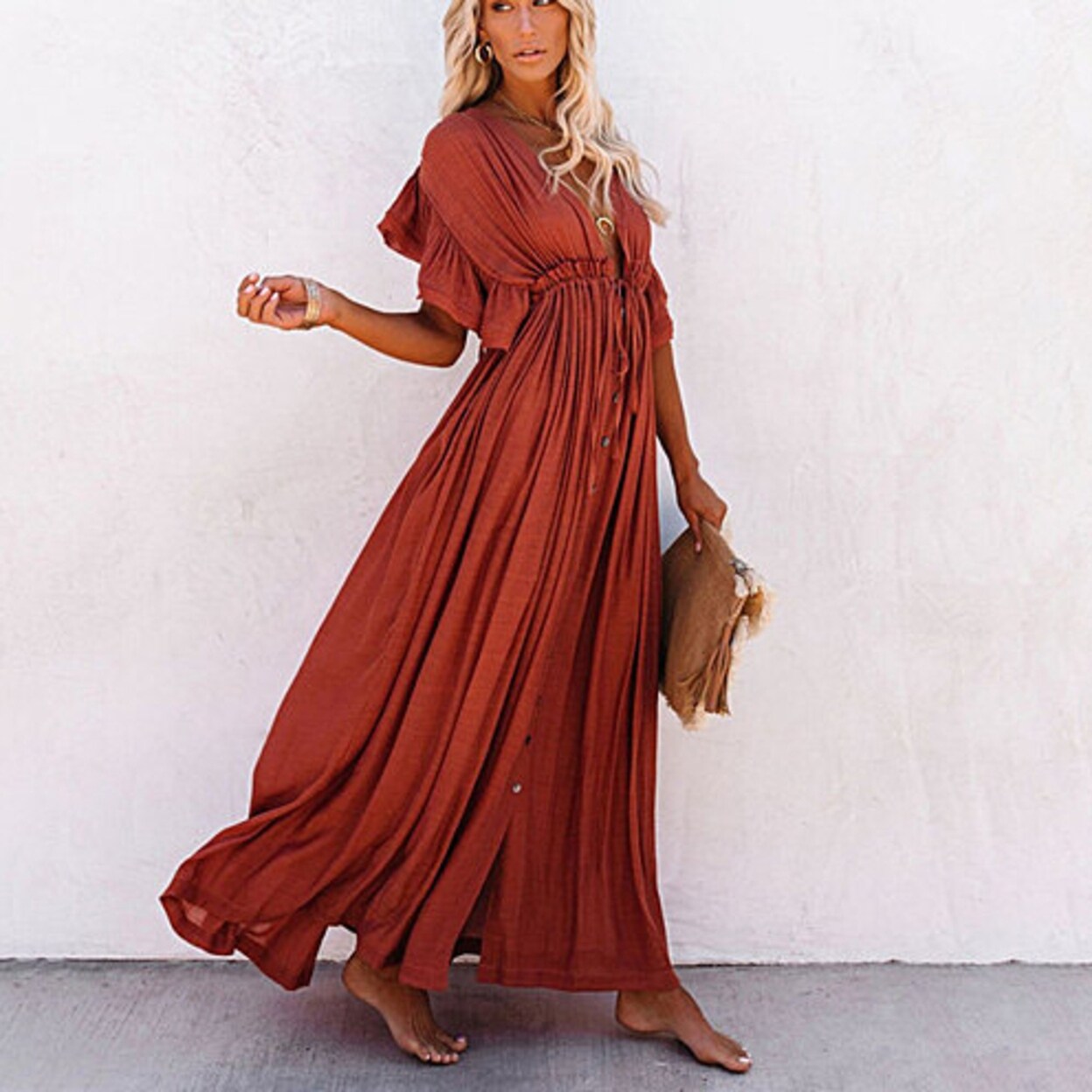 Flared sleeve solid color button maxi dress clearance