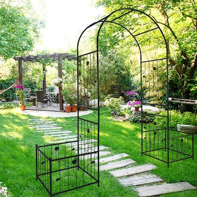 Metal Garden Arch with two plant stands 79.5'' Wide x 86.6'' High Climbing Plants Support Rose Arch Outdoor Black