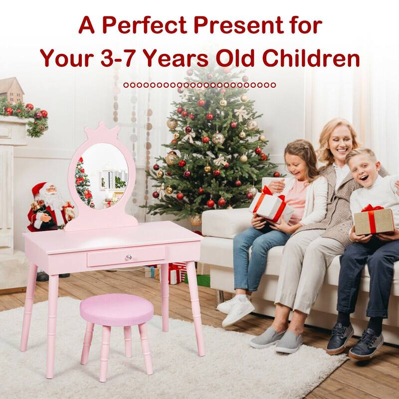 Gymax Kids Vanity Makeup Table & Chair Set Make Up Stool Play Set for