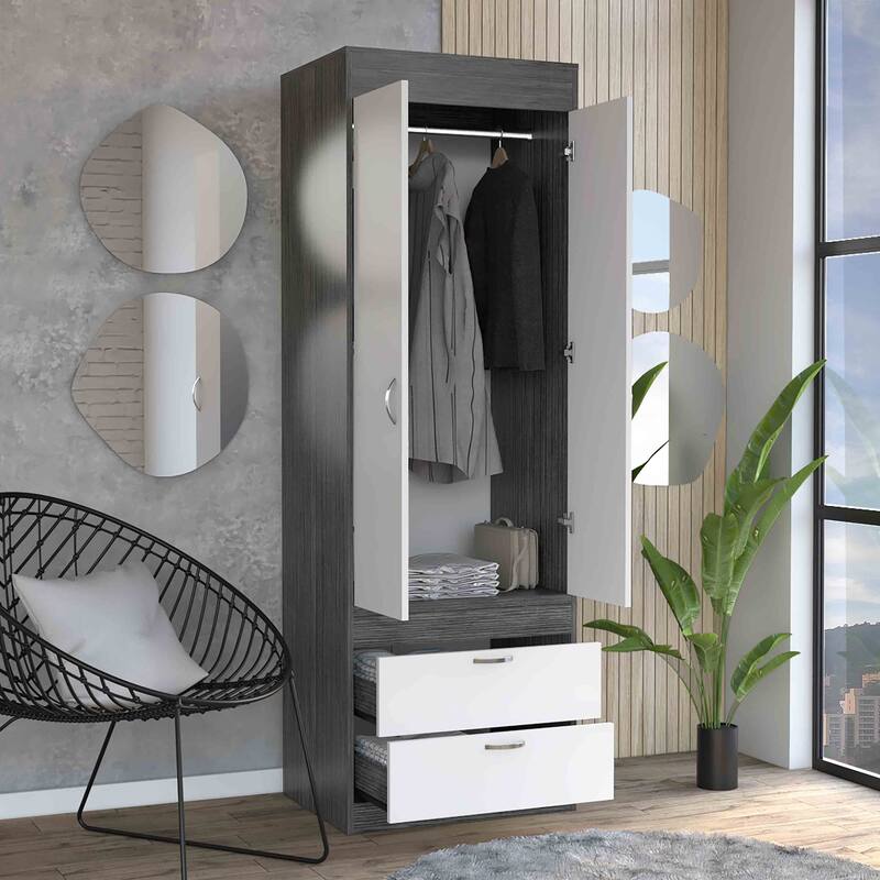 Versatile Wardrobe Armoire Closet Storage Cabinet with Double Doors, Two Drawers, and Hanging Rod - Elegant and Space-Saving