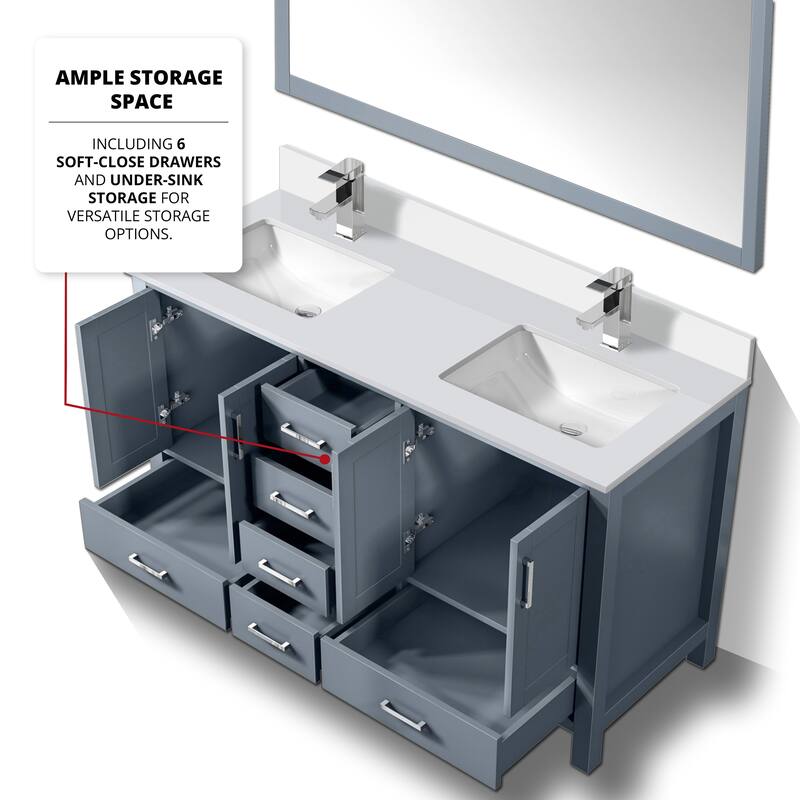 Jacques 60 in. W x 22 in. D Dark Grey Double Bath Vanity, White Quartz Top, Faucet Set, and 58 in. Mirror