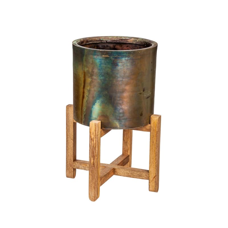 Metallic Patina Planters With Wood Stand (2-Pack)