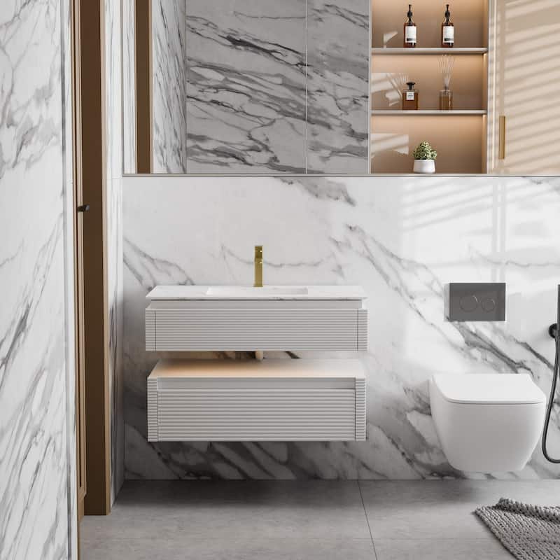 Modland 36" Modern Wall-Mounted Bathroom Vanity with Engineered Stone Countertop & Ceramic Undermount Sink