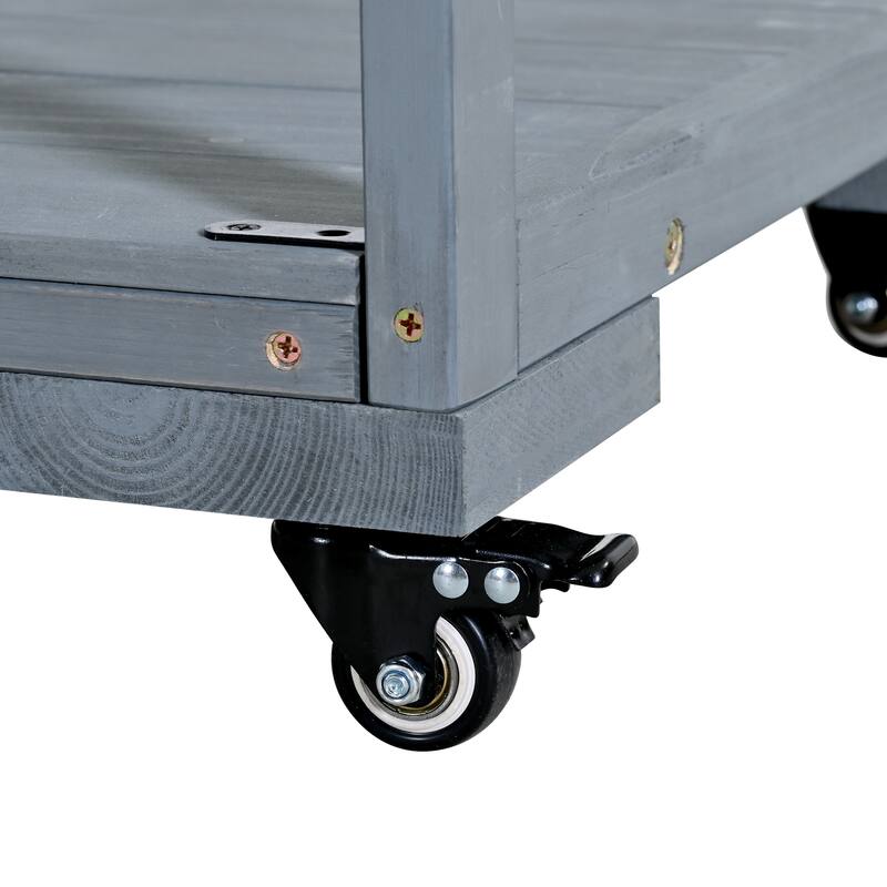 Solid Wood 62.3'' Patio Kitchen Island Kitchen Cart with Stainless Table Top, Garden Potting Bench with Raised Shelf and Drawers