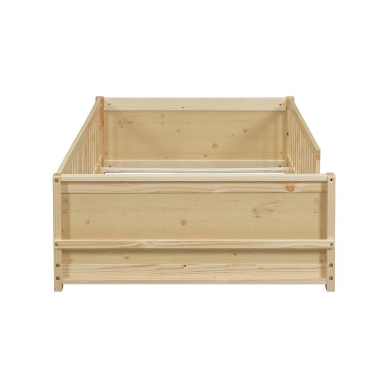Twin Size Wood Floor Platform Bed with Built-in Book Storage Rack