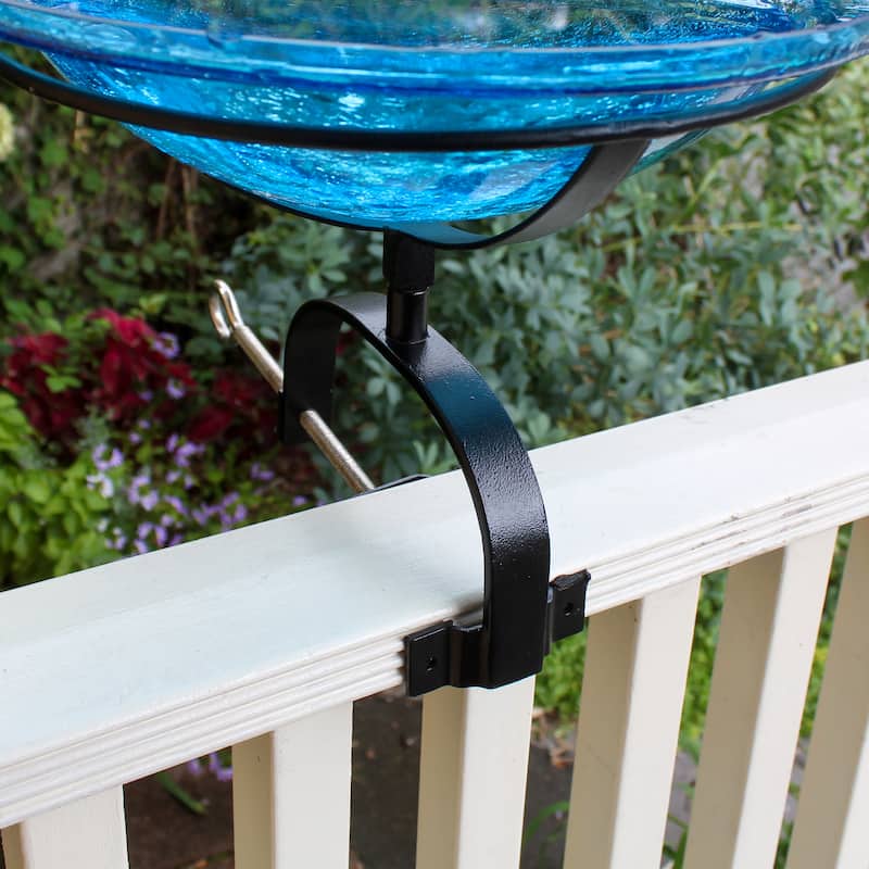 Achla Designs 12.5"Dia. Round Crackle Glass Birdbath w/Black Wrought Iron Over Rail Bracket