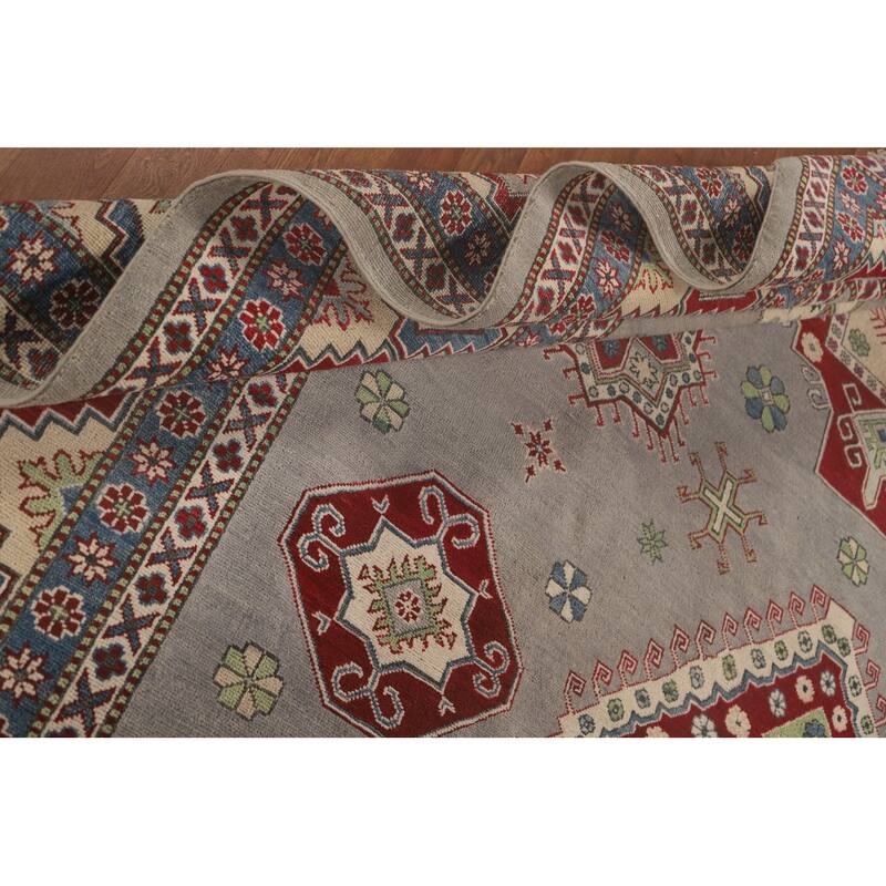 Gray Geometric Kazak Oriental Area Rug Handmade Wool Carpet - 9'11"x 13'3"