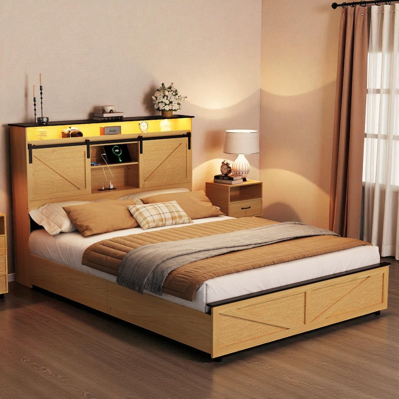 Farmhouse Full/Queen Bed Frame with Storage Headboard, Drawers, Charging Station and RGB LED Lights, MDF and Steel Platform Bed