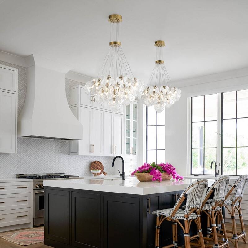 Modern 19-Light Stone Glass Globe Cluster Chandelier in Brass Finish - N/A