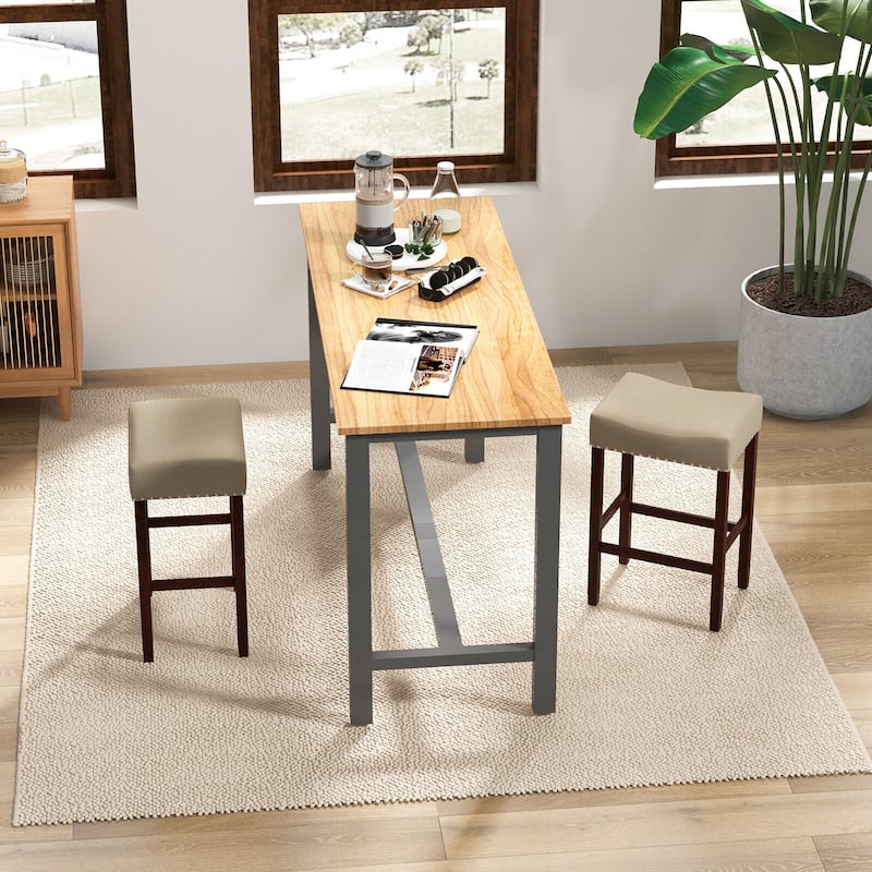 Set of 2 Backless Saddle Bar Stools with Linen Cushions and Rubber Wood Legs for Counter - 17" x 13" x 24" (L x W x H)