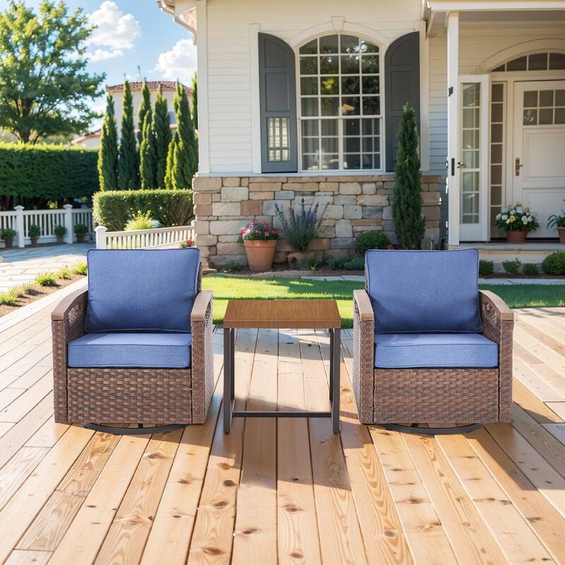 Pocassy Outdoor Swivel Chair with Cushion Set - Blue Cushion - 2 Swivel Chairs with Table Set