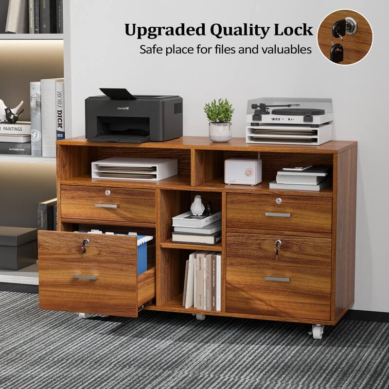 File Cabinet 4 Drawer Wood Mobile Lockable Rolling with Shelves
