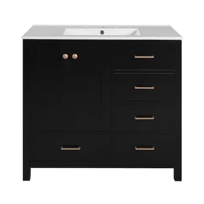 36" Bathroom Vanity with Ceramic Sink, Solid Wood Storage Cabinet, Freestanding Vanity Set with 4 Drawers and Soft Closing Doors