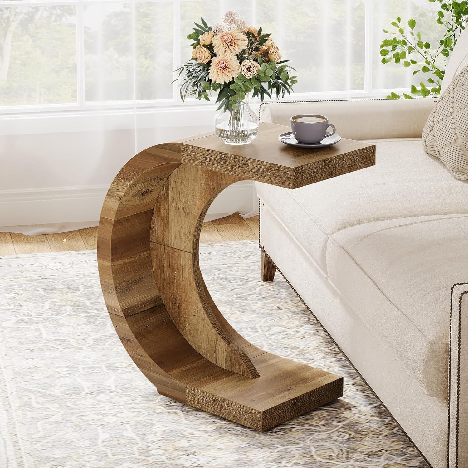 C-Shaped End Table, Wood Side Table for Couch Sofa Living Room