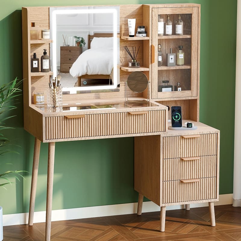Fluted Vanity Desk with Mirror and Lights, 3 Color Clear Glass Door Dressing Table with Charging Station