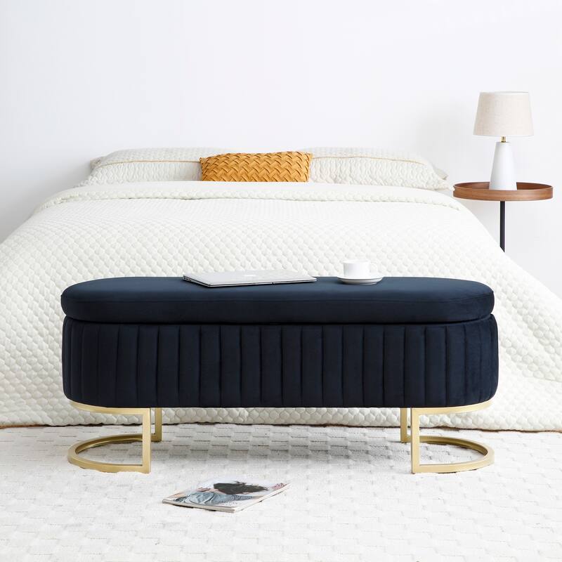 Storage Bench Bedroom Bench, Velvet Oval Upholstered End of Bed Bench with Golden Metal Legs,50"Modern Storage Ottoman Bench