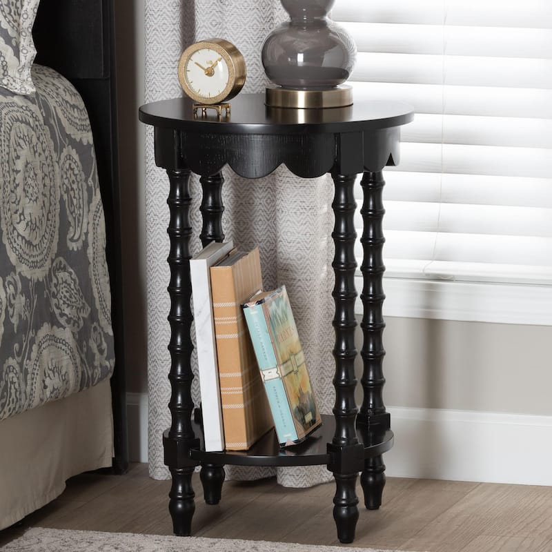 Sally Round Nightstand with Bamboo Inspired Legs - Scalloped Bedroom Side Table with Open Shelf