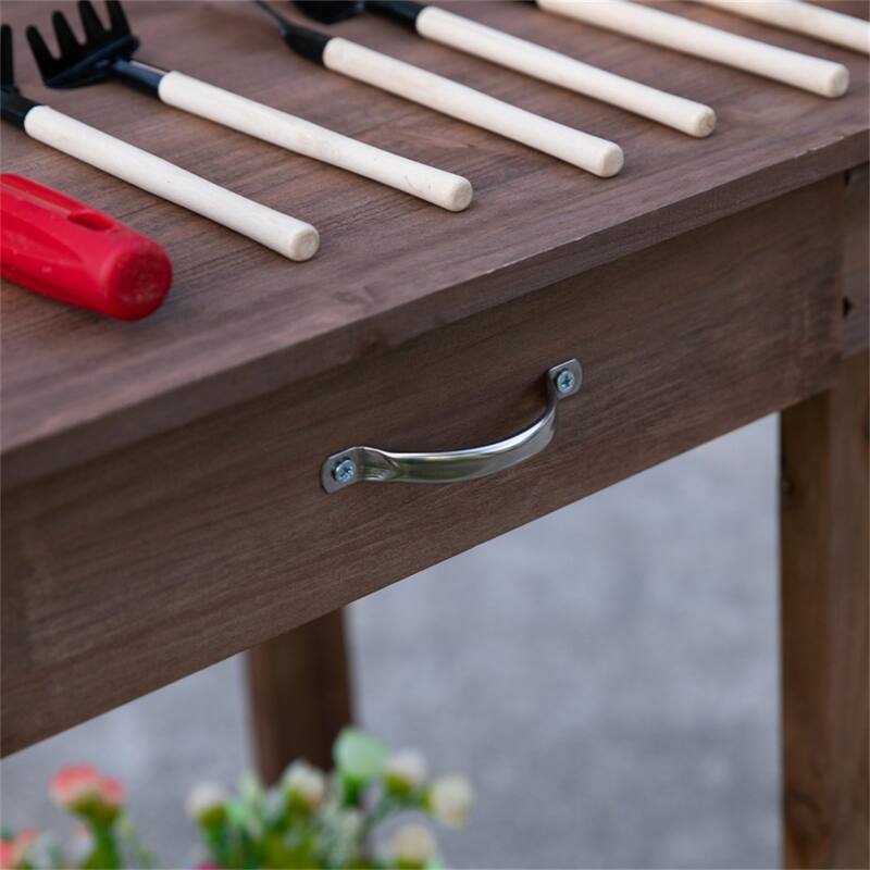 Brown Outdoor Wooden Potting Table with Storage Drawer Removable Sink and Movable Wheels - 36.25" L x 17.75" W x 46.75" H