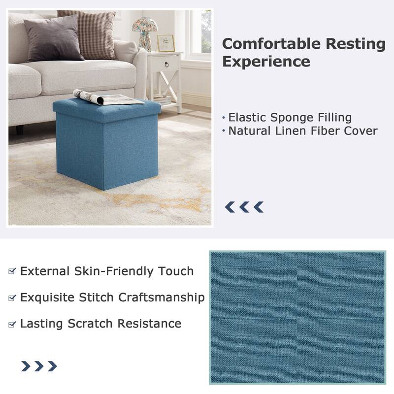 Javlergo 15" Foldable Storage Ottoman, Tufted Linen Foot Rest Stool/Seat Toy Chest