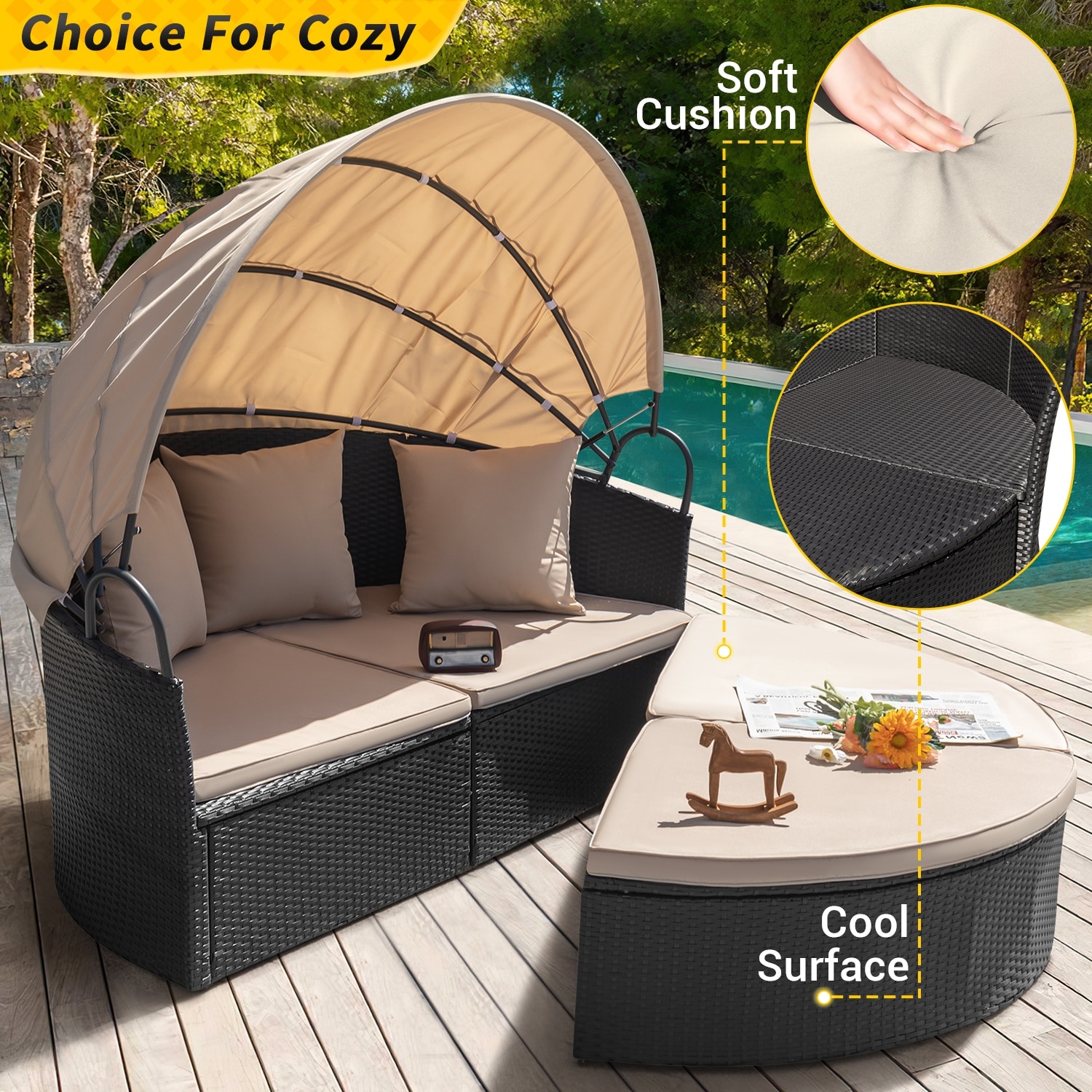 Homall Patio Furniture Outdoor Round Daybed Beige