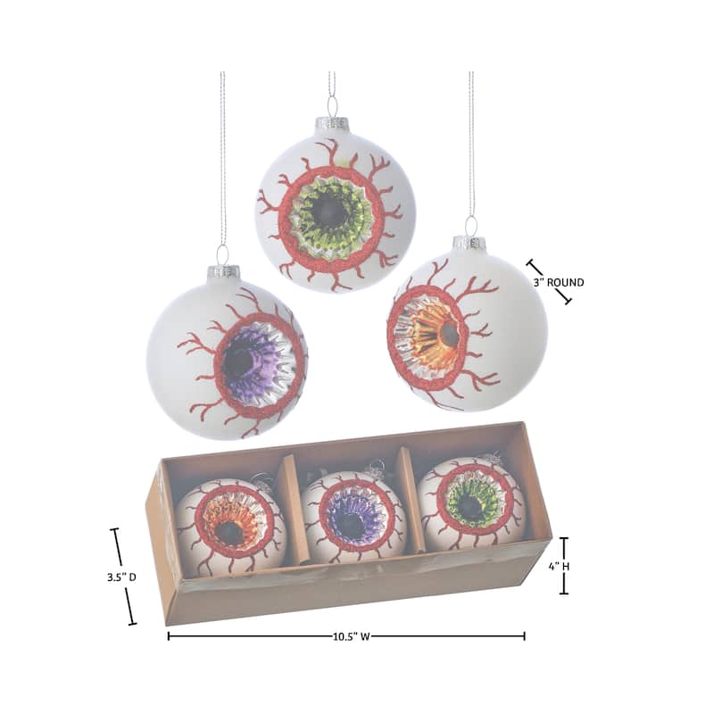 3" Glass Halloween Eye Ball Ornament Box of 3