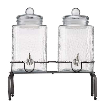 Transparent Glass Dual Cylinder Beverage Dispenser with Metal Stand and Chalkboards - 17.32" L x 7.48" W x 18.5" H