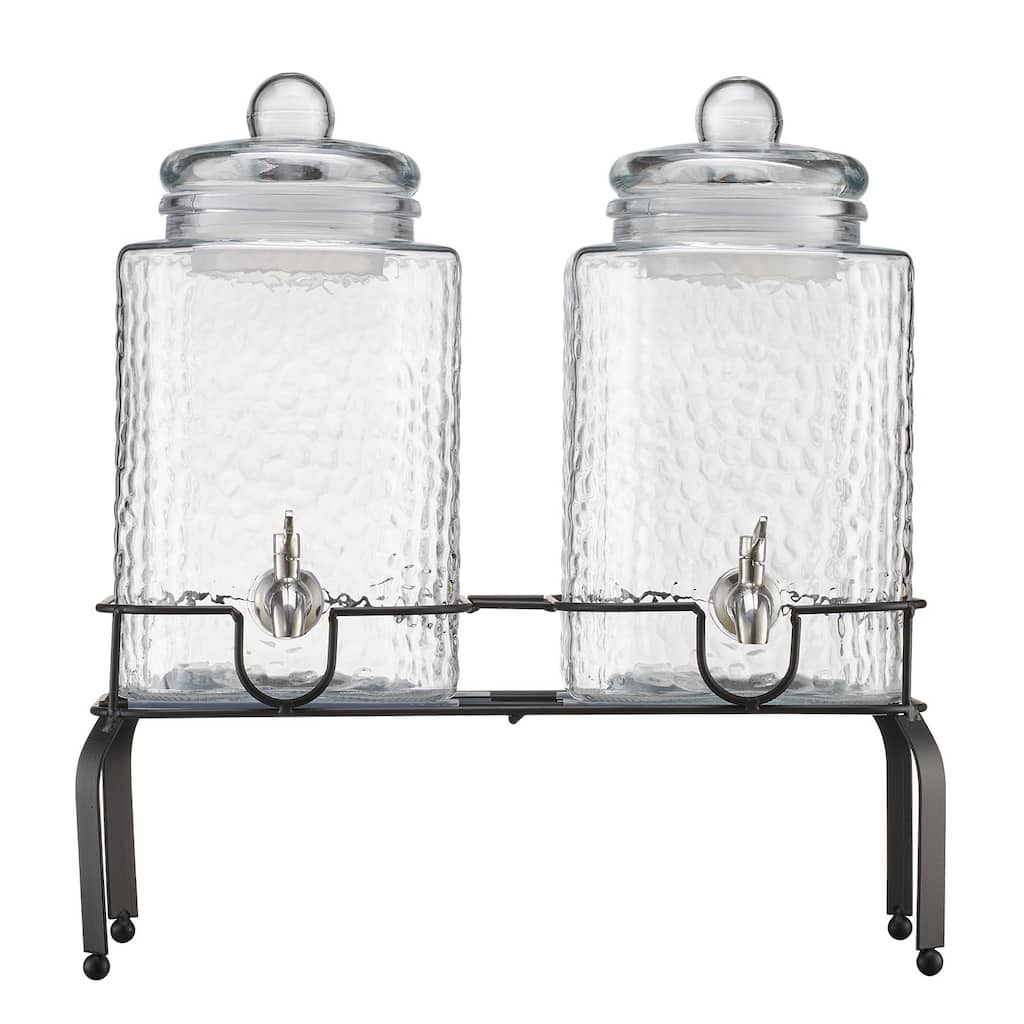 Transparent Glass Dual Cylinder Beverage Dispenser with Metal Stand and Chalkboards - 17.32" L x 7.48" W x 18.5" H