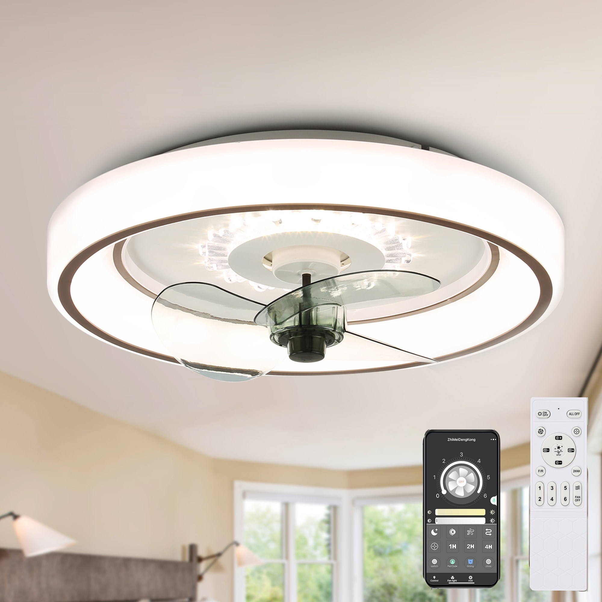 Bella Depot 20-Inch Modern Flush Mount Ceiling Fan with Dimmable Light, 6-Speed, Reverisble Remote and APP Control
