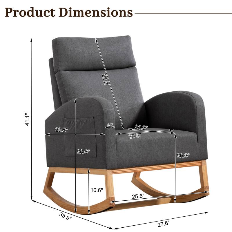 Nursery Chair Rocking Chair Glider Chair, Upholstered Accent Chair with Rubber Wood Legs, Comfy High Backrest, Side Pockets