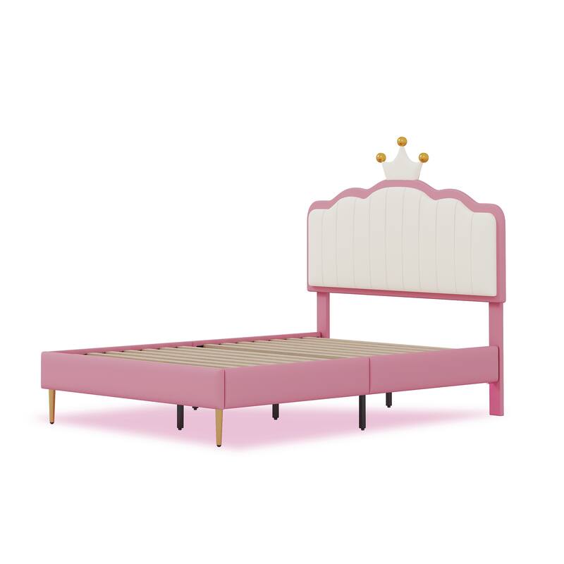 Twin/Full Size Upholstered Kids Princess Bed with Crown Headboard, PU Leather Platform Bed Frame with Light Strips