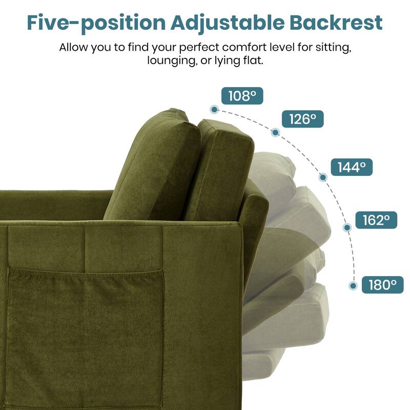 Anmytek Green Convertible Sleeper Sofa 31.5 Inch Pull Out Sofa Bed with 5-Position Adjustable Backrest Side Pockets