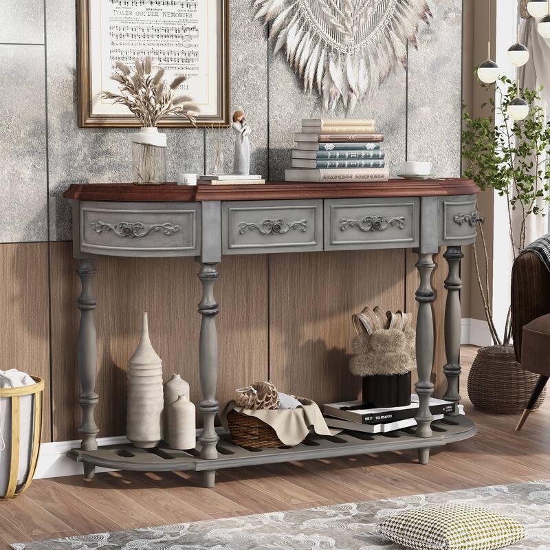 Retro Curved Console Table Sofa Table with 4 Storage Drawers and Open Shelf, 52'' Wooden Entryway Table for Living Room