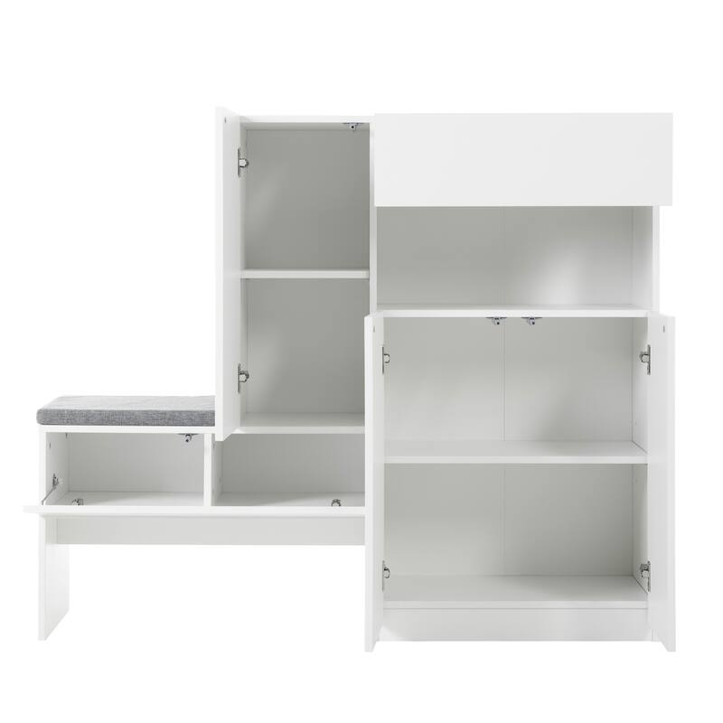 Modern Storage Bench with Arched Doors & Rebound Devices, Versatile Shoe Rack Organizer with Adjustable Shelves