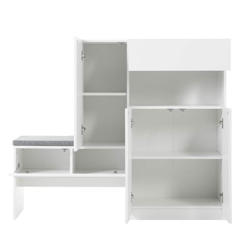 Roomfitters Elegant 2-in-1 Shoe Cabinet with Cushion Seat, Storage Bench with Arched Doors and Adjustable Shelves for Entryway