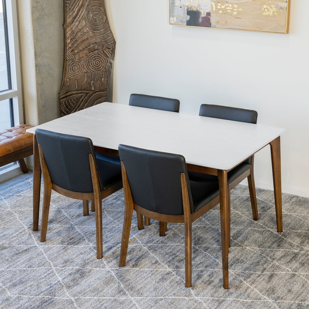 Laetitia 5-Piece Mid-Century Modern Dining Set w/4 Vegan Leather Dining Chairs in Black