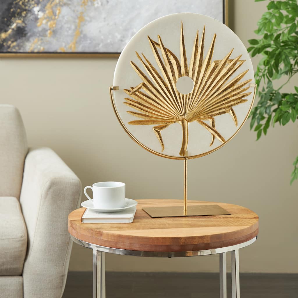 Gold Polystone Round Disk Leaf Decorative Sculpture with Center Cutout and Gold Base