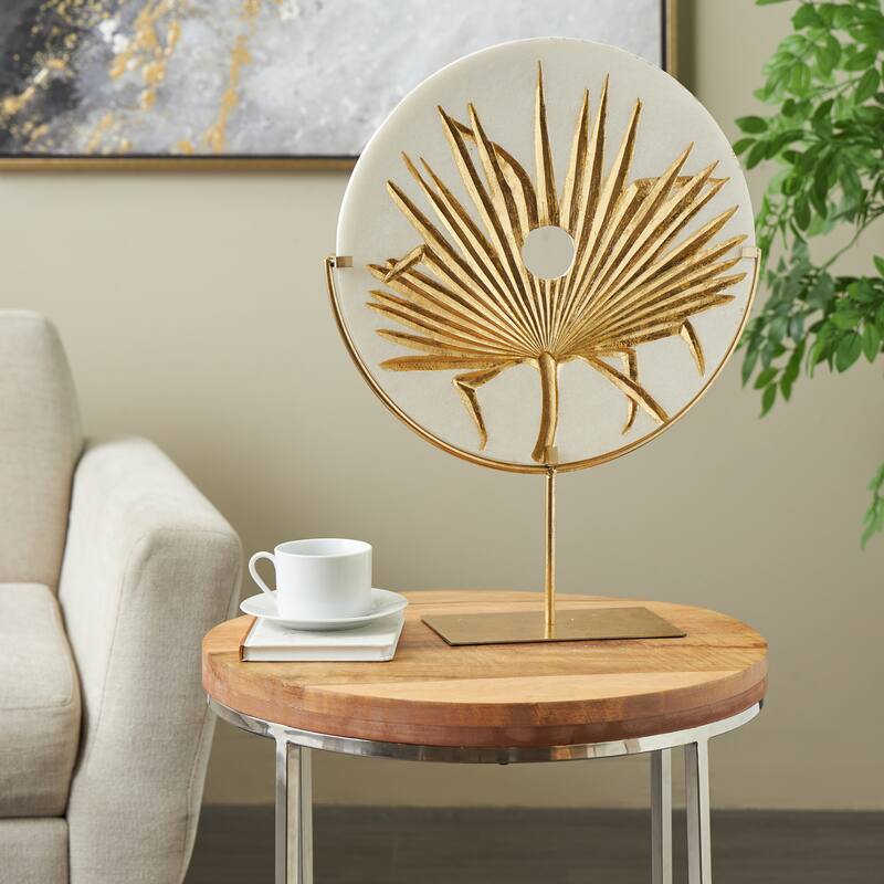Gold Polystone Round Disk Leaf Decorative Sculpture with Center Cutout and Gold Base