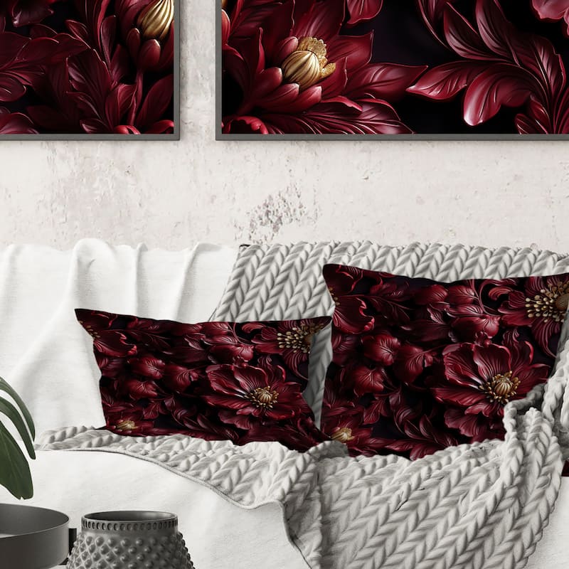 Designart "Regal Burgundy Flowers Majesty Elegance II" Glam Printed Throw Pillow