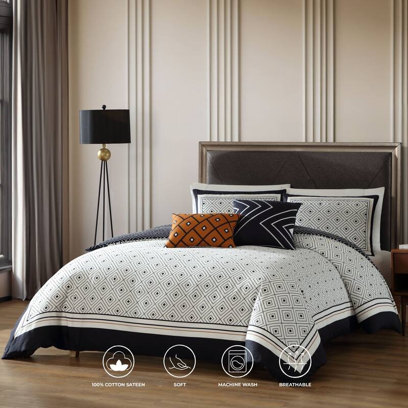 Bebejan Geometric Black & White 220 Thread Count 100% Cotton Sateen 5 Piece Reversible Comforter Set
