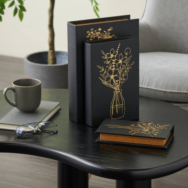 Black Faux Leather Faux Book Storage Floral Decorative Box with Gold Accents (Set of 3) - Black