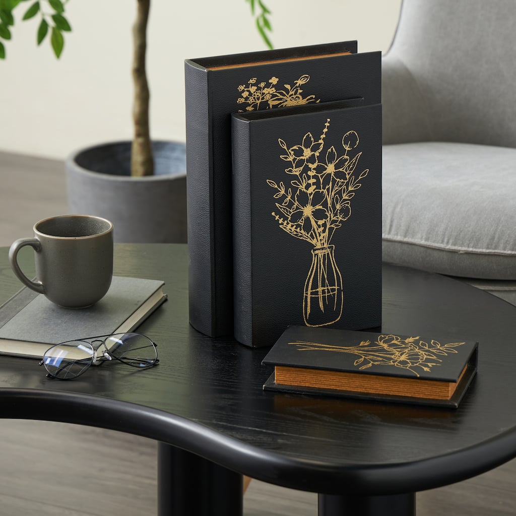 Black Faux Leather Faux Book Storage Floral Decorative Box with Gold Accents (Set of 3)