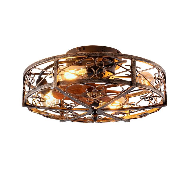 Cusp Barn 20'' Industrial Flush Mount Ceiling Fan with Lights and Remote, Rustic Reversible DC Motor 6 Speeds Caged Ceiling Fan