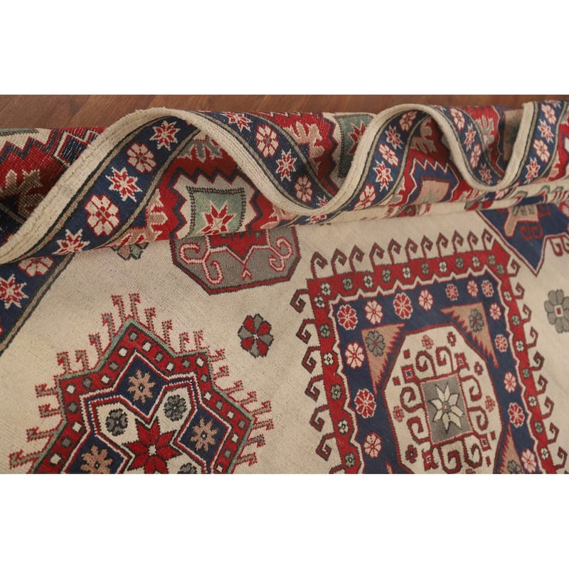 Ivory Geometric Kazak Oriental Area Rug Handmade Wool Carpet - 8'4"x 11'7"