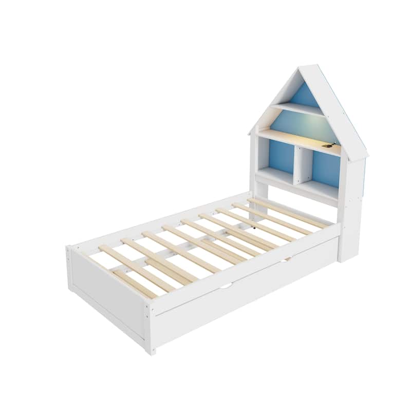 Twin Size House-Shaped Bed with Bookcase Headboard and Led Light and Twin Size Trundle for Kids Boys Girls
