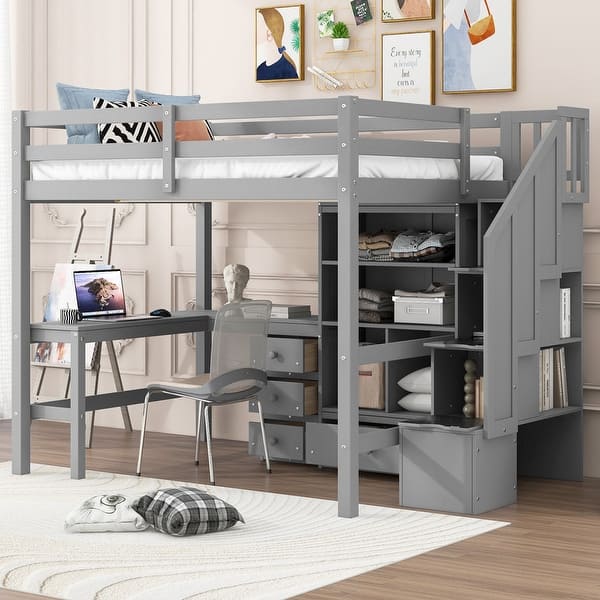 slide 2 of 12, Full Size Wood Loft Bed with L-Shaped Desk and Drawers, Cabinet and Storage Staircase Grey