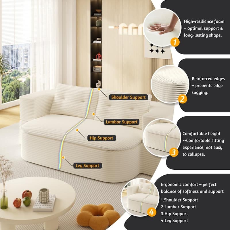 78.7" Modern Convertible Corduroy Sofa Bed with 2 Pillows, Floor Deep Seat Sleeper Couch, Foldable 2-in-1 Sofa for Living Room